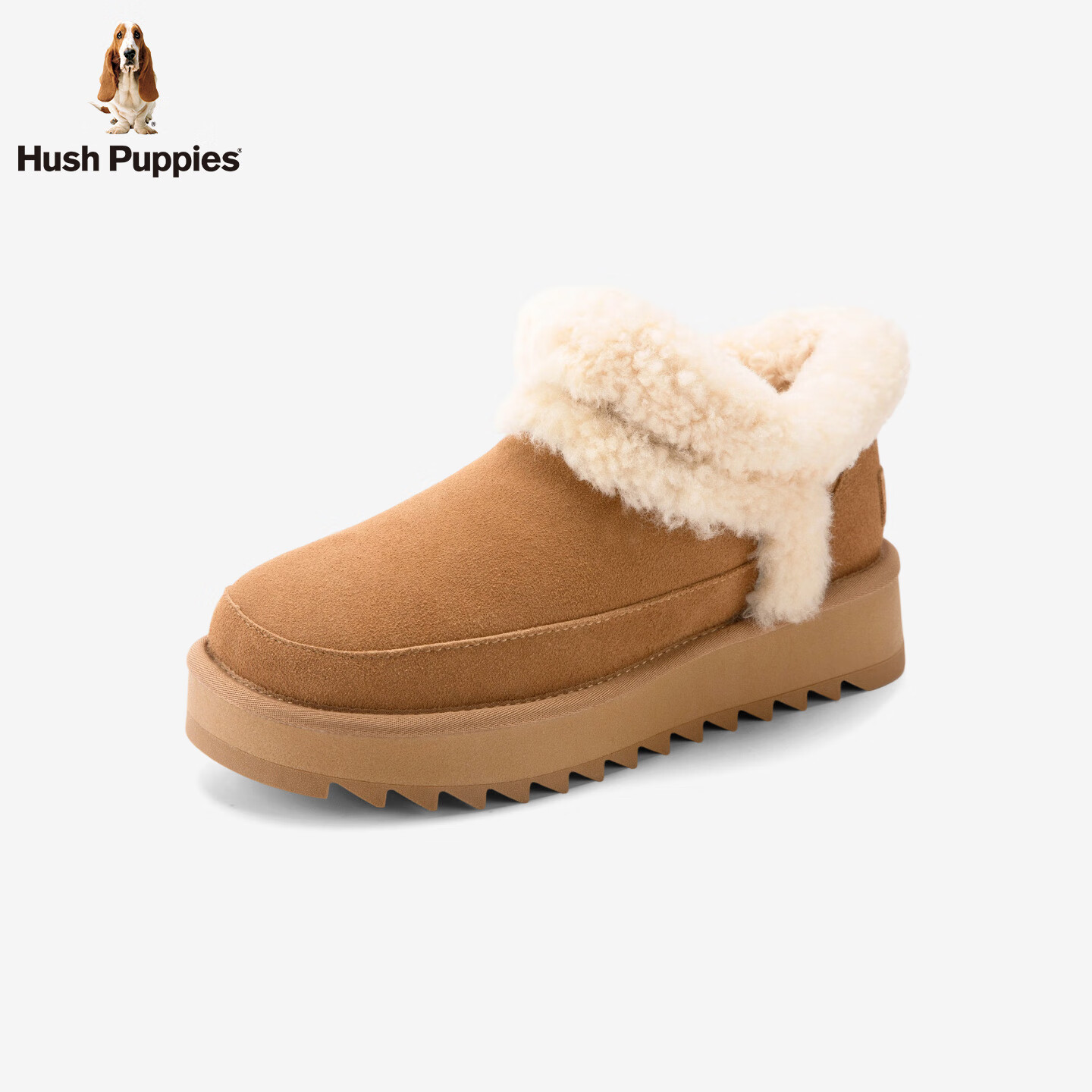 暇步士（Hush Puppies）雪地靴女 2025冬季新款女士舒适厚底毛鞋领圆头休闲懒人毛毛鞋 浅驼色 37