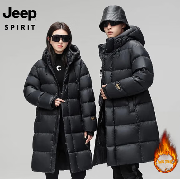 JEEP SPIRIT吉普 白鸭绒外套男女同款中长款上衣保暖御寒防风黑金外套 黑金长款 S