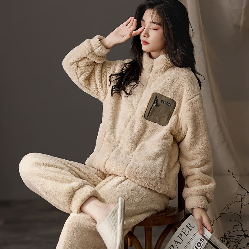 猫人【立领拉链可外穿】男士睡衣男冬季情侣睡衣羊羔绒家居服2025新品 米杏色 女款 M 【建议体重80-100斤】