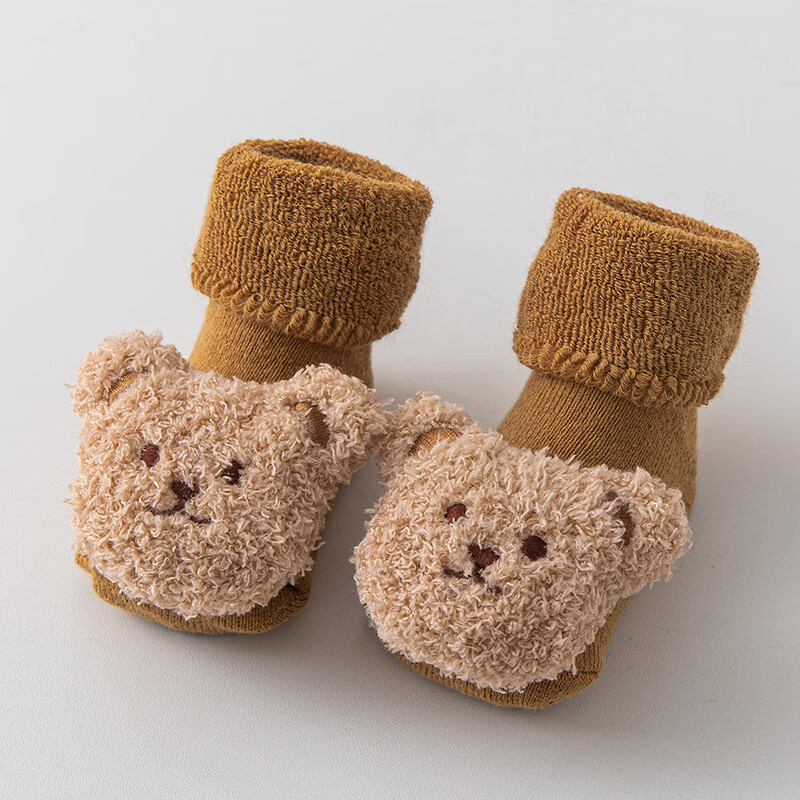 彩虹房子婴儿袜秋冬季宝宝袜儿童毛圈加绒保暖防滑地板鞋套公仔周岁袜 毛圈熊-咖色【一双装】 S码（0-1岁）脚长8-10cm内