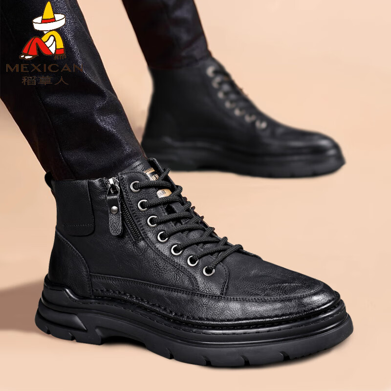 稻草人（MEXICAN）冬季马丁靴男款2026新款加绒英伦潮流中帮靴子男鞋真皮工装男靴 黑色【四季款】 9939 41