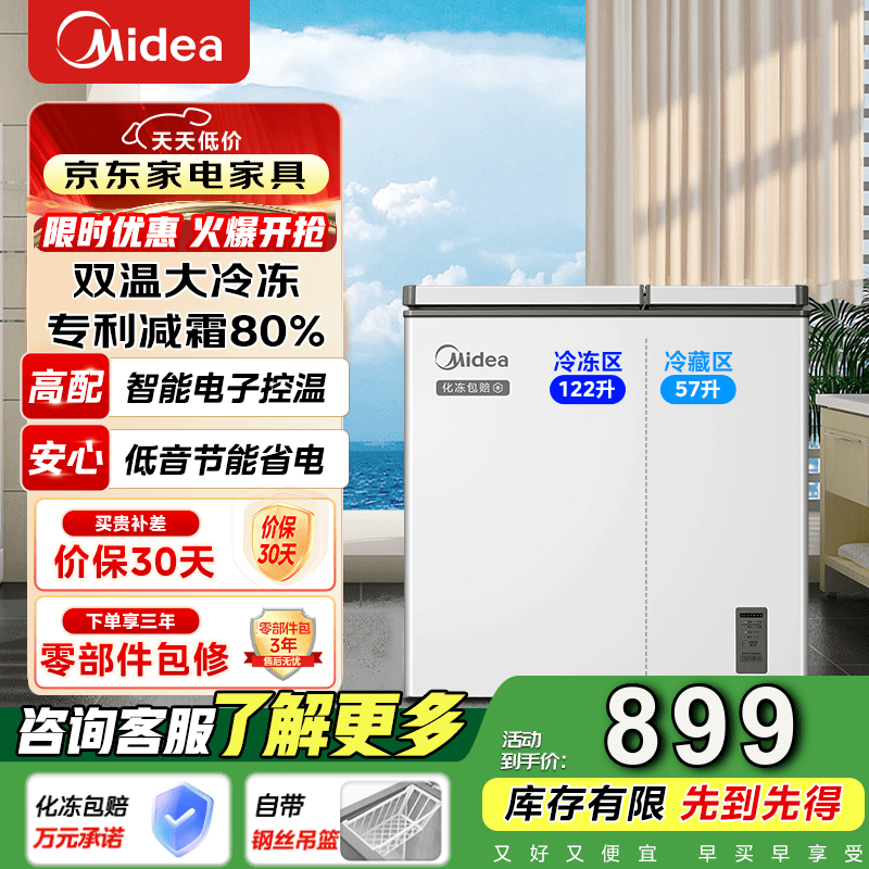 美的（Midea）179升专利减霜80%双温双箱商用家用冰柜冷冻冷藏卧式顶开门节能冷柜电子控温以旧换新179L BCD-
