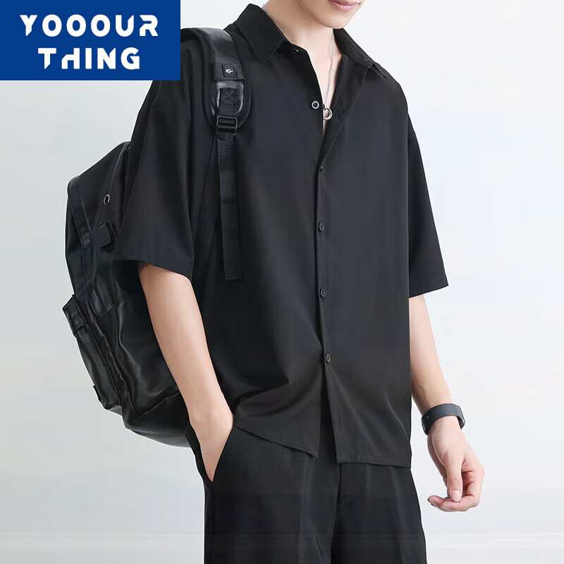 YOOOURTHING衬衫男士夏季冰丝短袖垂感高级感宽松休闲黑色衬衣男长袖薄款外套 黑色 （冰丝短袖） 2XL (建议130-150斤)