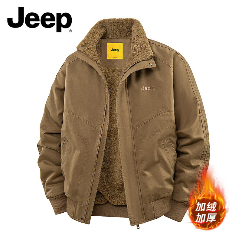 JEEP美国正品美式纯棉工装外套上衣男士春秋潮牌冲锋飞行风衣夹克秋冬 卡其色-立领 加绒 【商场同款】 XL 【适合145斤左右】