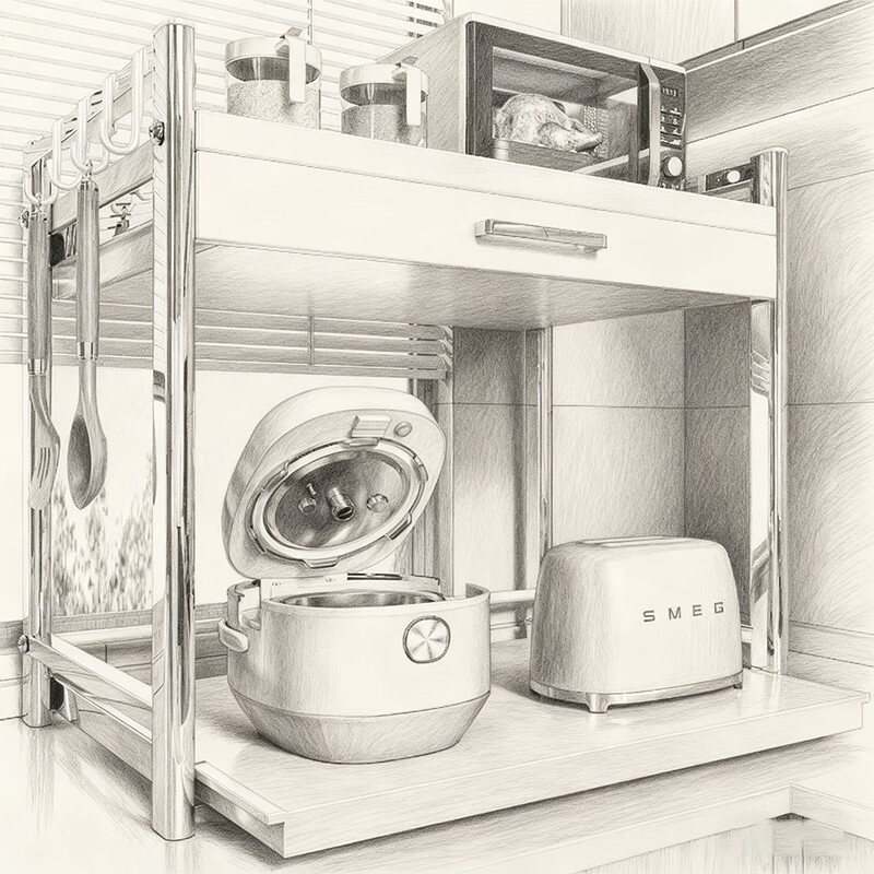 尔思家微波炉置物架厨房台面多用电饭煲烤箱双层收纳架子多功能可抽拉架 奶白银大号【抽屉款】送4挂钩