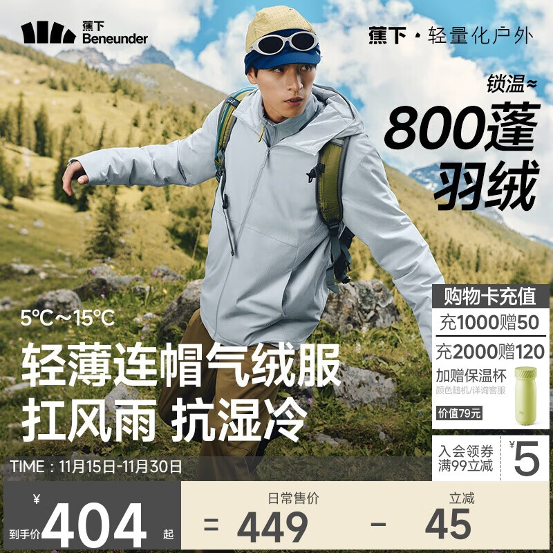 蕉下（beneunder）气绒服男士秋冬季保暖连帽轻薄夹克外套户外CL233薄灰蓝3XL