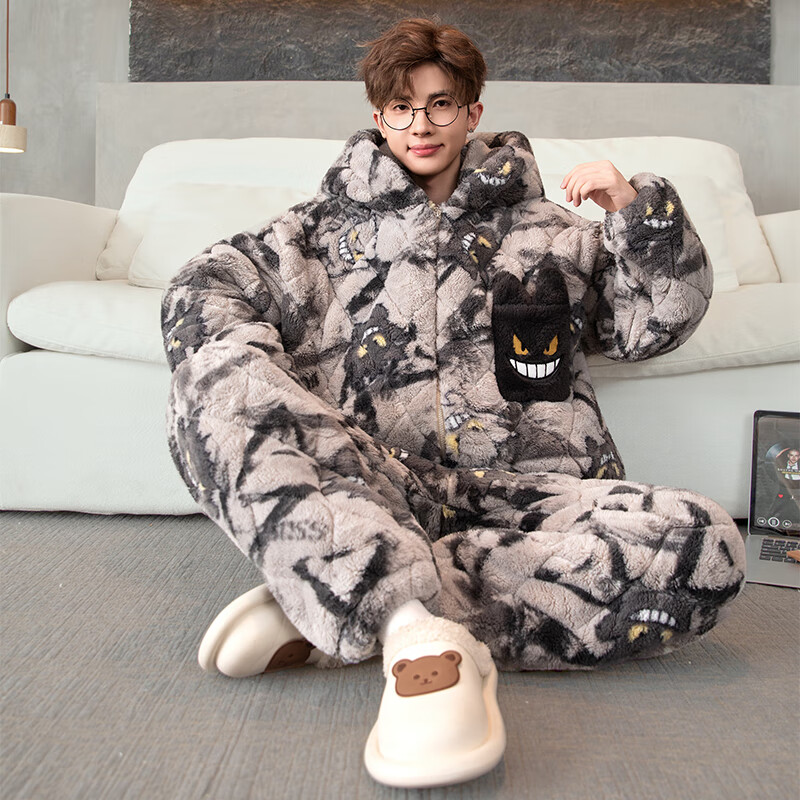 萧淑妃珊瑚绒睡衣男冬季加绒加厚保暖卡通青少年三层夹棉开衫家居服套装 耿鬼 M