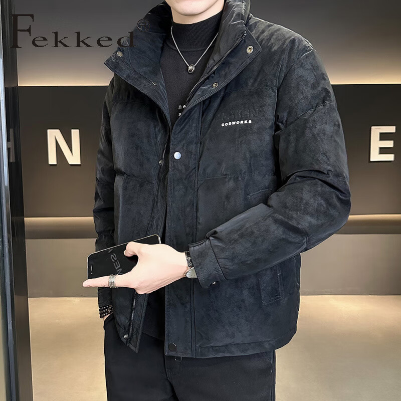 Fekked香港潮牌店主风2025冬季新款男麂皮绒立领休闲字母印花扎染羽绒服 黑色 M