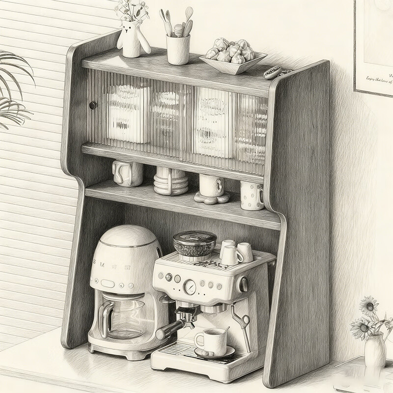 尔思家桌面收纳盒桌面布置水杯咖啡杯收纳柜多层家用餐边柜台面置物架子 胡桃-长虹