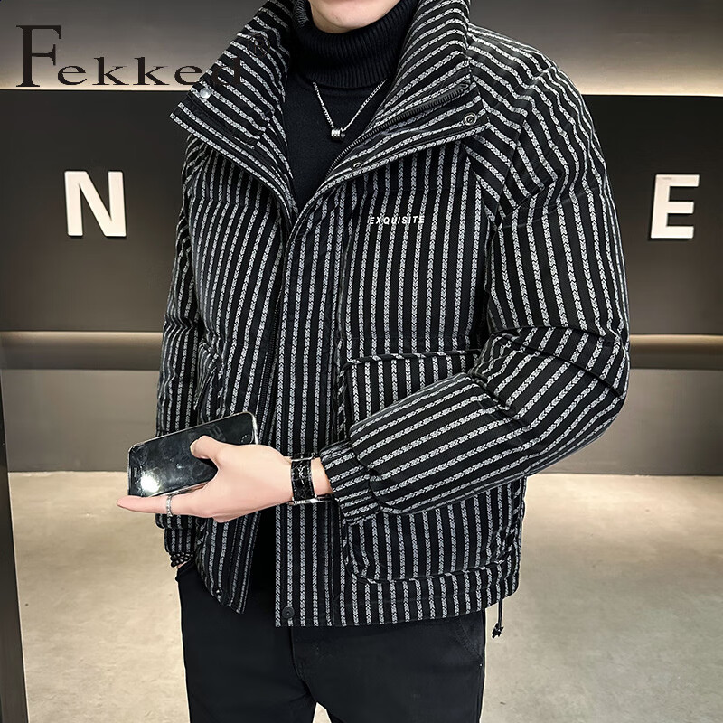 Fekked香港潮牌2025冬季新款男士白鸭绒金丝软毛皮竖条纹设计羽绒服外套 黑色 M