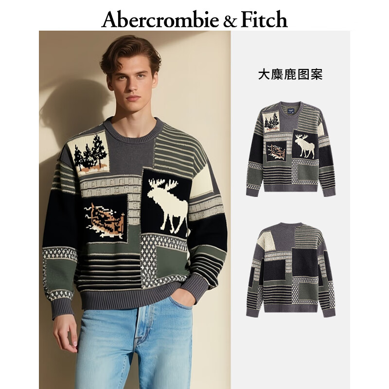 Abercrombie & Fitch【美式复古】大麋鹿图案男装25秋冬圆领宽松针织衫120-5181 黑灰图案 XS (170/84A)