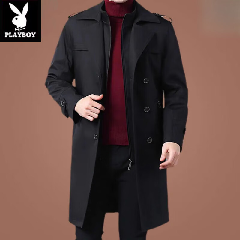 花花公子（PLAYBOY）时尚品牌秋冬季中长款风衣男中老年加厚可拆卸羊毛内胆商务外套潮 黑色【长款】 L 【175码 130-145斤】