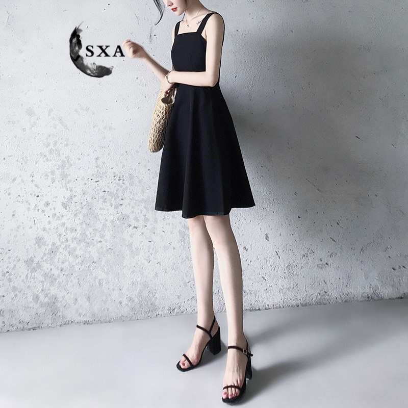 sxa香港潮牌无袖吊带礼服连衣裙女2024新款夏小黑裙气质小个子a字裙