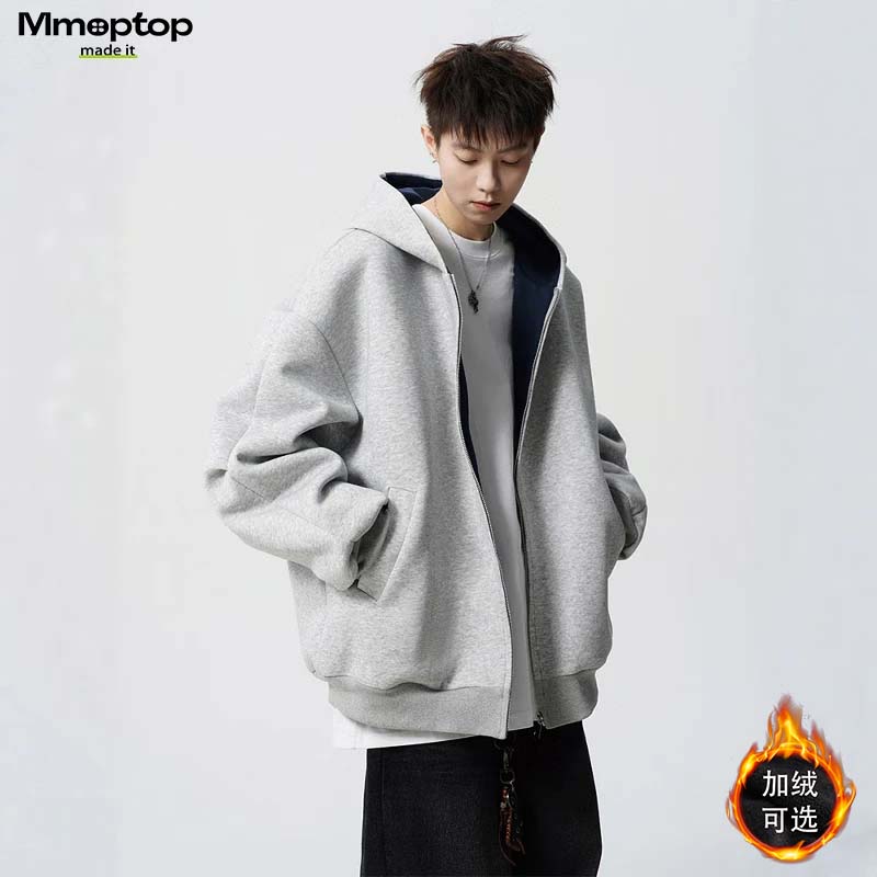 MMOPTOP重磅撞色纯棉卫衣男秋冬美式情侣连帽衫百搭休闲外套MWY31浅灰L