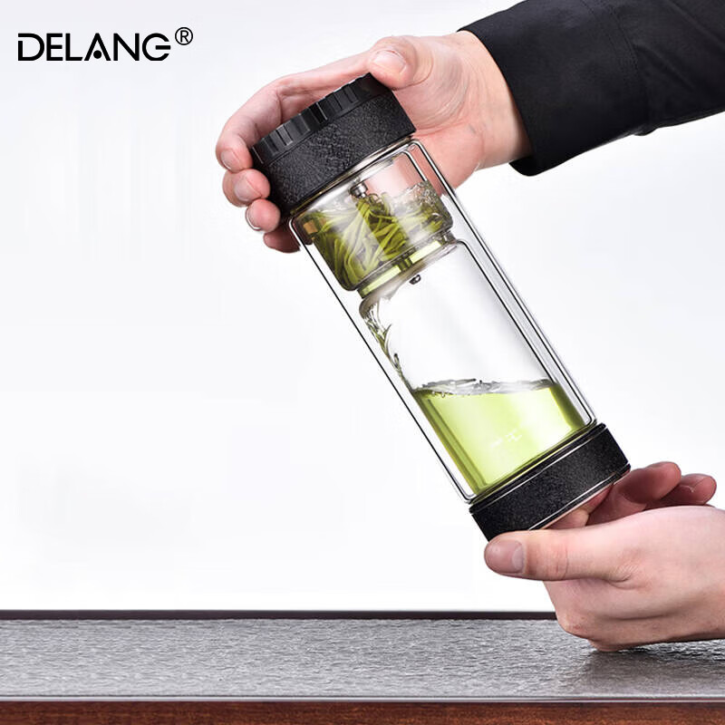 德琅（DELANG）德国品牌水杯双层玻璃杯商务办公玻璃杯 316不锈钢纯钛高档茶水分离杯DL8806