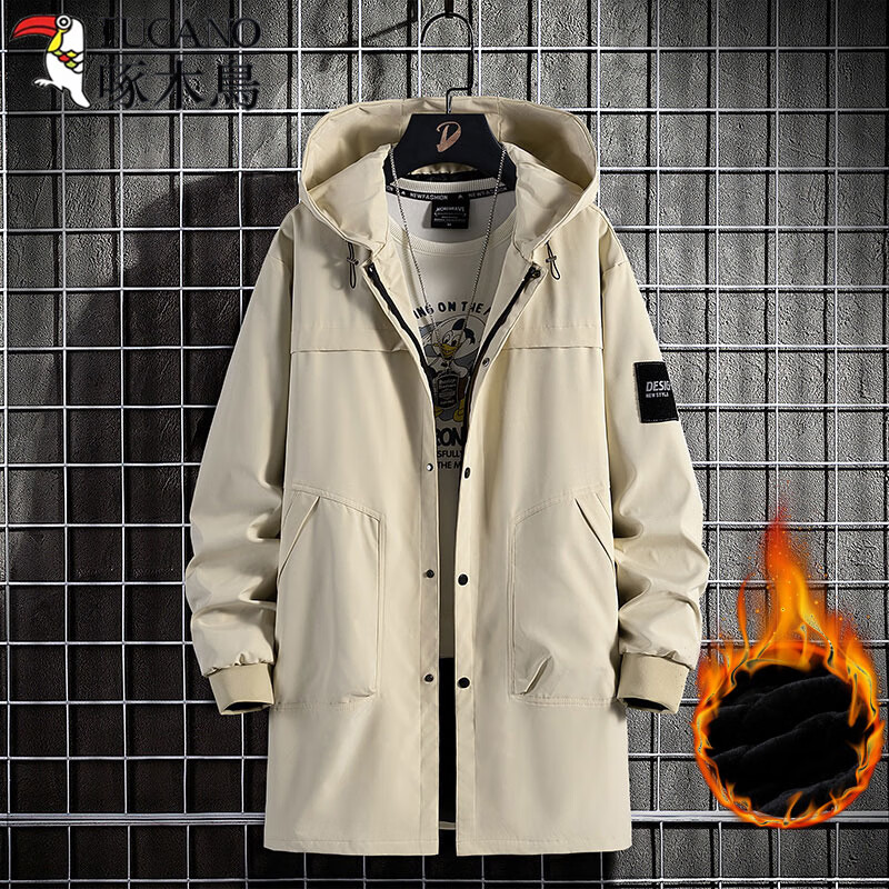 啄木鸟（TUCANO）卡其色风衣男大码男装秋冬潮胖子加大加肥宽松连帽夹克中长款外套 卡其色 加绒 XL 120-140斤