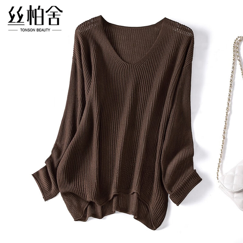 丝柏舍落肩袖针织衫2025秋装新款女装时尚V领短款不规则上衣