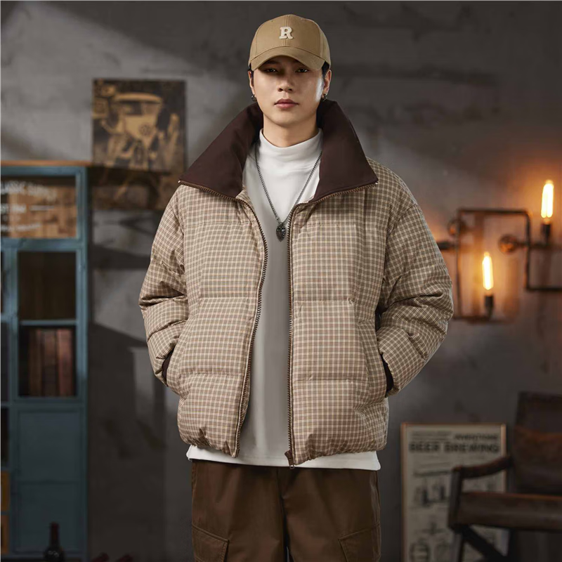 邦约恋人复古格纹翻领90鸭绒羽绒服男2025新款冬季潮牌宽松休闲面包服外套 格子咖 GY7310 3XL 建议体重 181-205斤