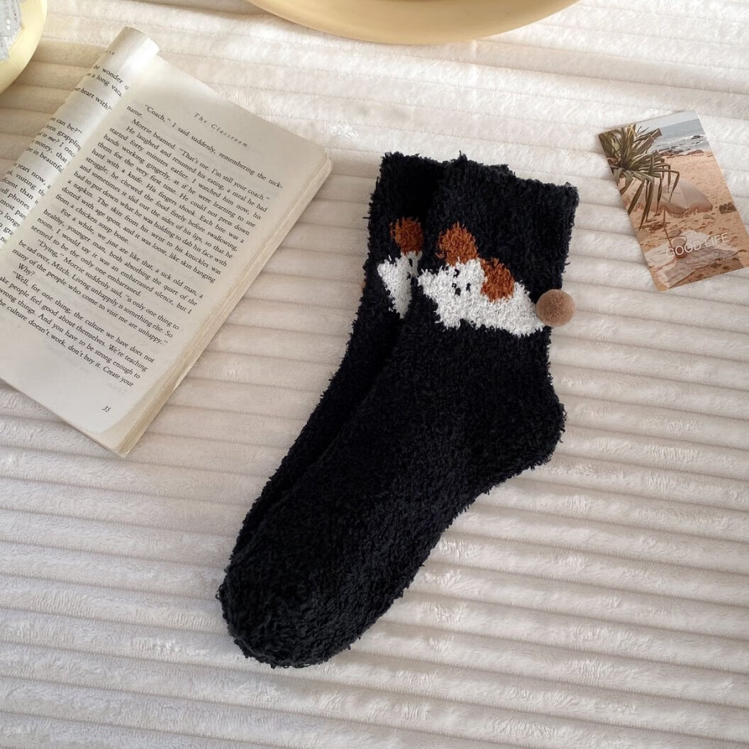 厚袜子女冬季加厚珊瑚绒地板袜居家睡眠保暖中筒孕妇产后加绒月子 黑色