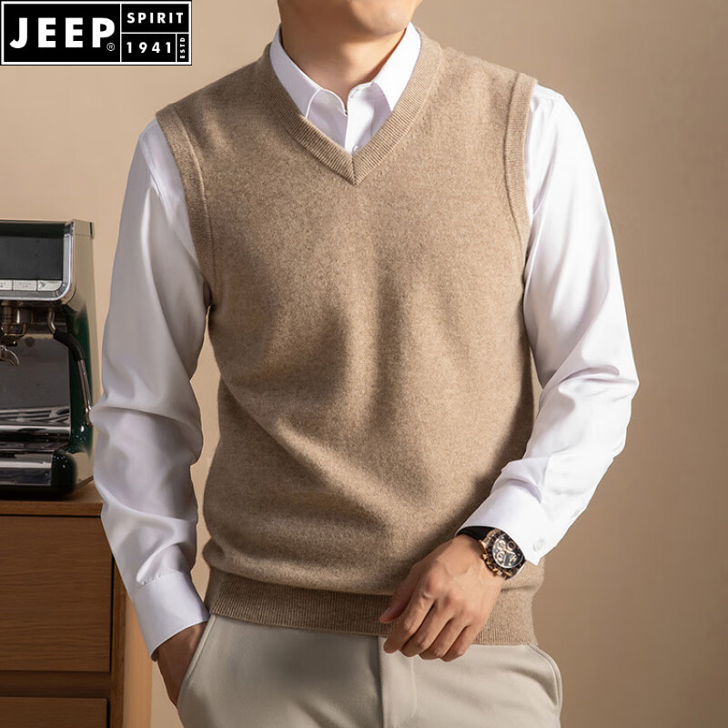 JEEP SPIRIT冬季山羊绒毛衣男士圆领打底衫休闲v领针织衫内搭保暖羊毛背心男 黑色 S 165