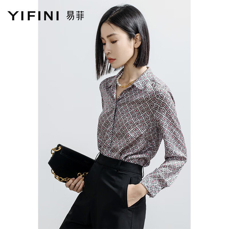 易菲(yifini)长袖印花衬衫女春秋新款梭织上衣宽松设计感小众2106c962