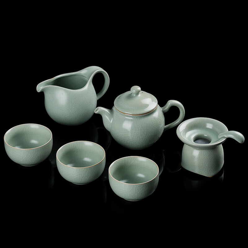 汝道（RUDAO）汝窯功夫茶具套裝開片汝瓷一壺三杯陶瓷禮品茶器組 新粉青蓮子壺7入禮盒裝