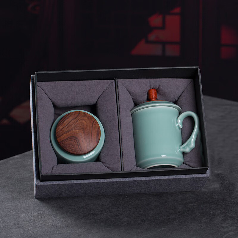 龍泉青瓷新款新款辦公杯陶瓷杯套裝酸枝木蓋中式會(huì)議帶柄蓋茶杯 鴻運(yùn)將軍杯禮盒裝 401-500ml