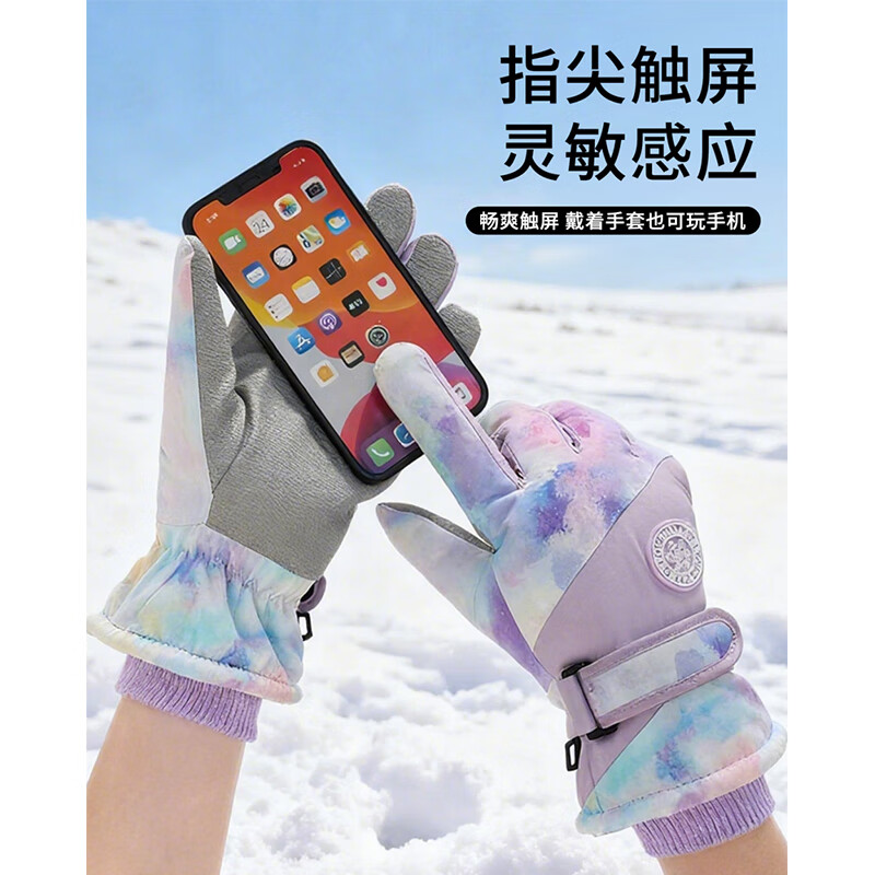 雪伦朵滑雪手套冬季女2025新防风触屏保暖骑行电动车棉手套加绒防寒防冻 幻彩紫