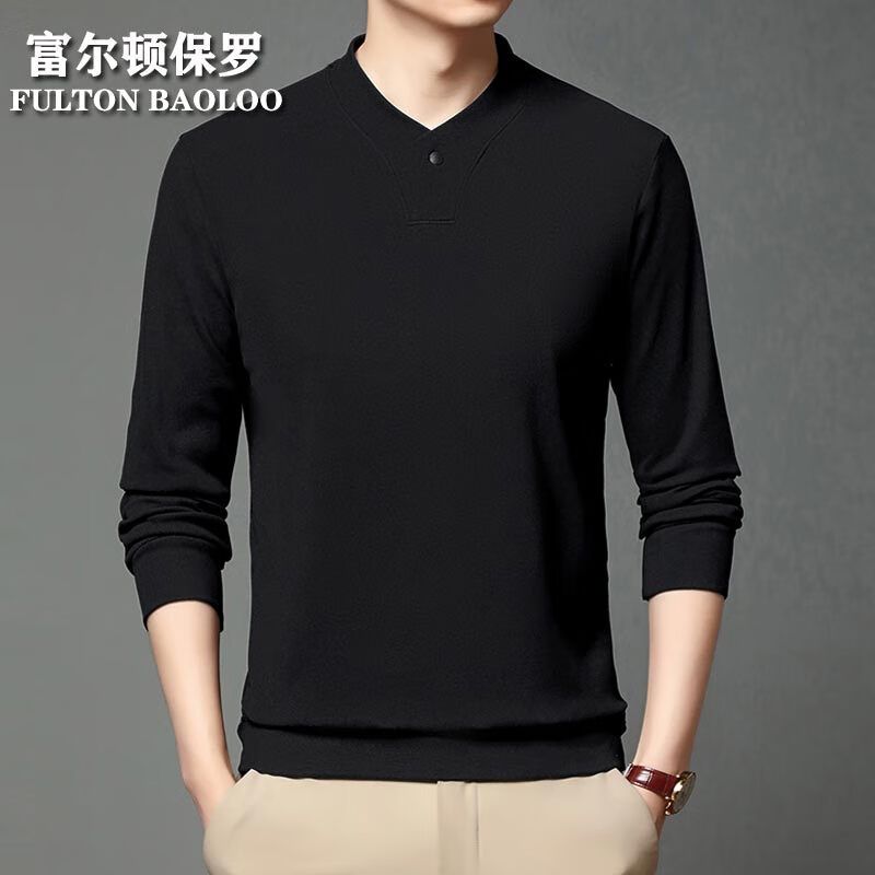 FULTON BAOLOO 富尔顿保罗男士长袖t恤冬季新款V领德绒保暖打底衫中青年简约纯色百搭体恤衫 黑色 4XL （建议190到210斤穿）