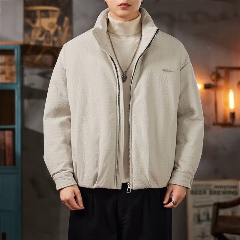 邦约恋人潮牌美式复古米色立领夹克男士2025秋冬新款时尚潮痞帅羽绒外套男 纯黑色 GY7330 3XL 建议体重 181-205斤