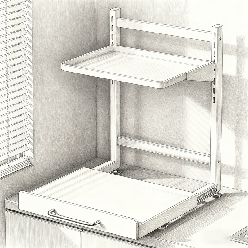 尔思家厨房微波炉置物架多功能收纳架台面抽拉式多功能电饭煲烤箱锅支架 钢珠滑轨 【奶油风小号33】静音抽拉款