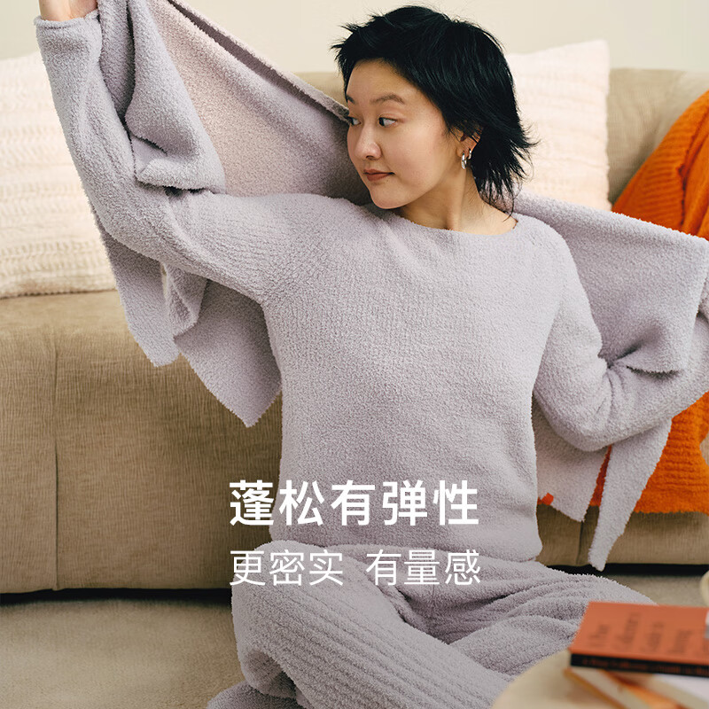 内外橙标情侣千层绒圆领高领睡衣家居服套装可外穿保暖半边绒圣诞礼物 女士高领-桦木米 L (女120-130斤,男130-150斤)