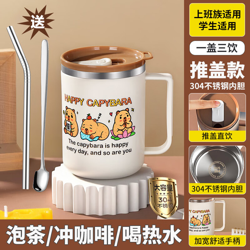 日用不锈钢马克杯大容量生活日用家用喝水带盖家用日用杂货大容量 人气小卡皮马克杯 送配套【吸管+勺子】