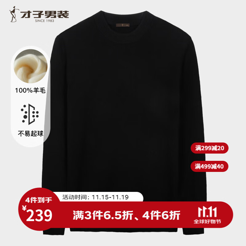 才子（TRIES）商务男士半高领羊毛衫秋冬保暖弹力毛衣男纯色通勤百搭针织衫 黑色 XL 50 (175/92A)