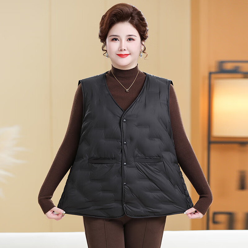 榄舍胖太太羽绒马甲女秋冬季新款内穿外搭保暖背心坎肩中老年妈妈马夹 黑色 3XL （建议120-140斤） 京东折扣/优惠券