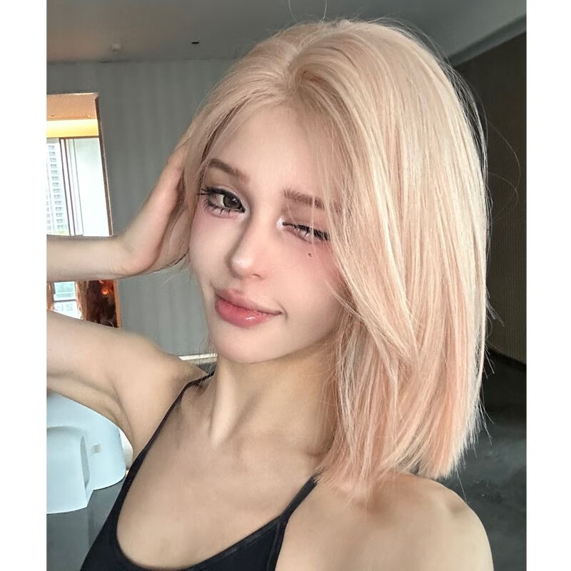 小额蕾丝短发夏日假发中分百搭日常假发全头发 【蕾丝款】粉金色 发网
