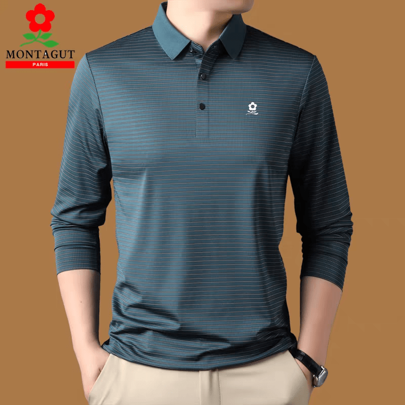 梦特娇桑蚕丝男长袖t恤短袖条纹中年休闲polo衫春秋爸爸 哈青 9833 S 165/84A