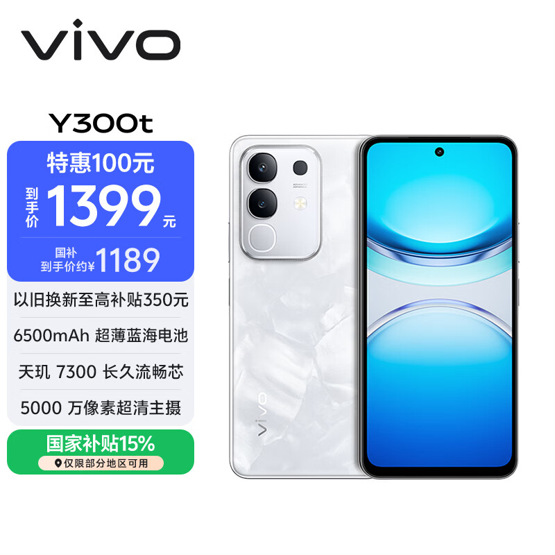 vivo Y300t 12GB+256GB 岩白 国家补贴 6500mAh超薄蓝海电池 天玑7300长久流畅芯 全功能NFC AI手机