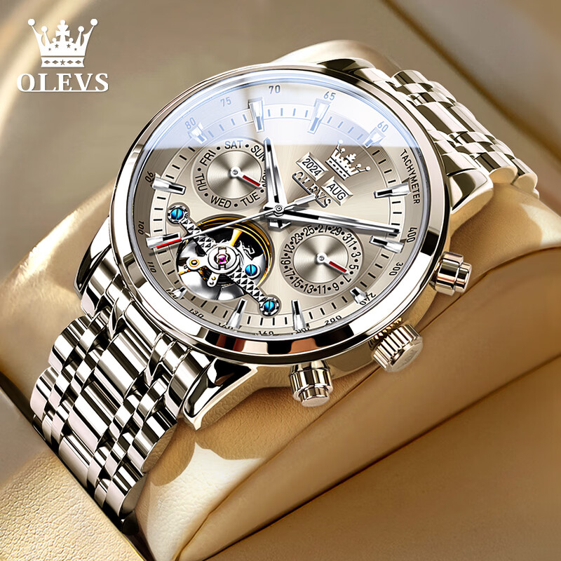 欧利时（OLEVS）瑞士认证品牌手表男士机械表男款全自动镂空陀飞轮正品多功能男表