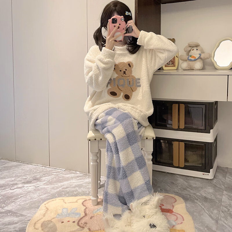 都市丽人半边绒女士睡衣女秋冬季2025新款加绒加厚家居服套装女睡衣可外穿 格子小熊 XL  （建议120-140斤）