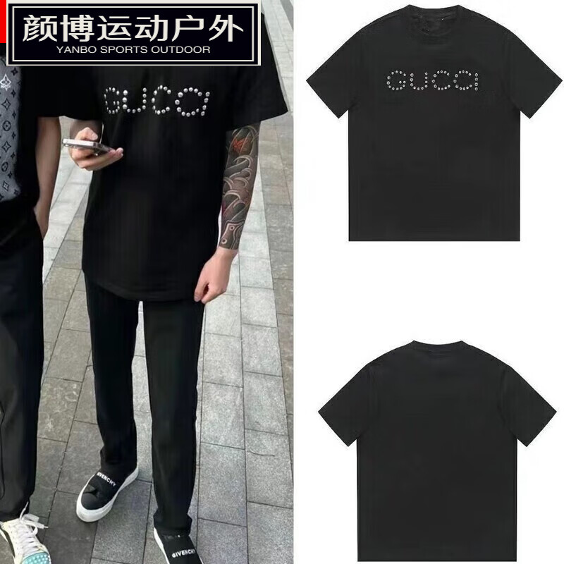 嬅欣苏6衣服精神小伙短袖t恤男2024夏季新款时尚烫钻苏六男士高端 黑色高质量铆钉烫钻 M 80-90斤