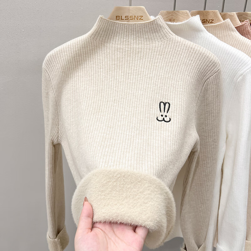 香影芬半高领一体绒毛衣女秋冬新款加绒加厚内搭打底针织衫保暖套头上衣 杏色 S (建议95斤以内)