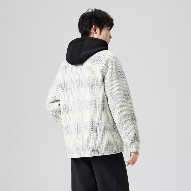 快鱼针织羽绒服男2025新款冬季撞色连帽假两件保暖厚外套休闲百搭男装 米白 2XL