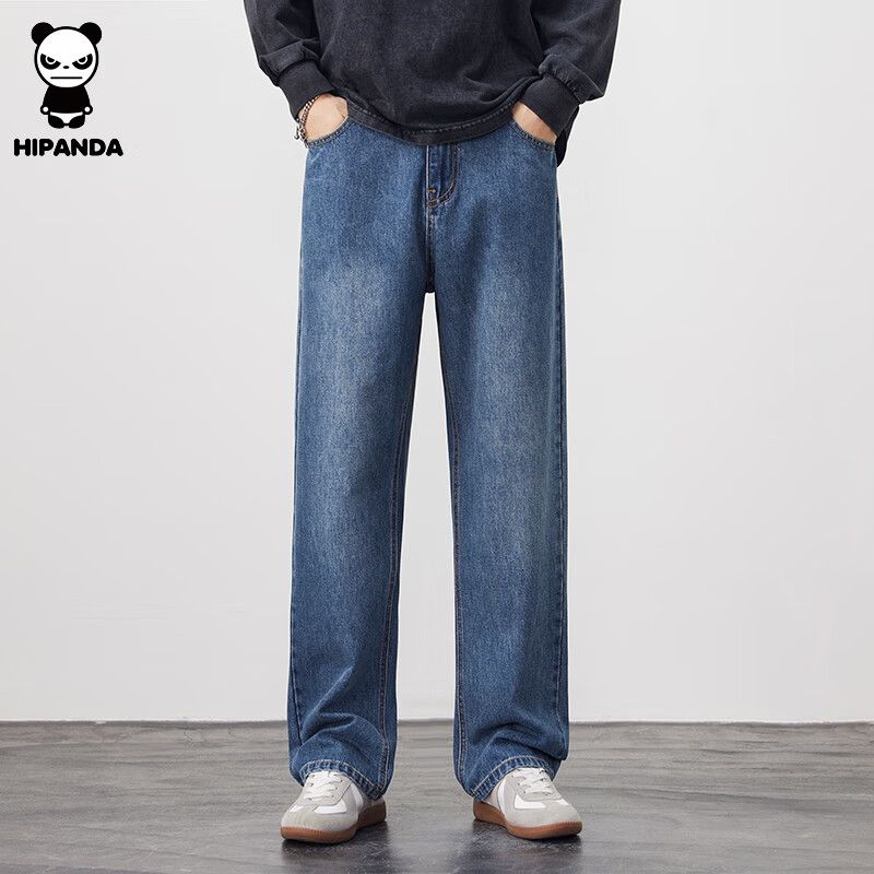 HIPANDA你好熊猫牛仔裤男2025秋冬新款加绒休闲保暖经典宽松直筒长裤男裤 蓝色-常规款 31