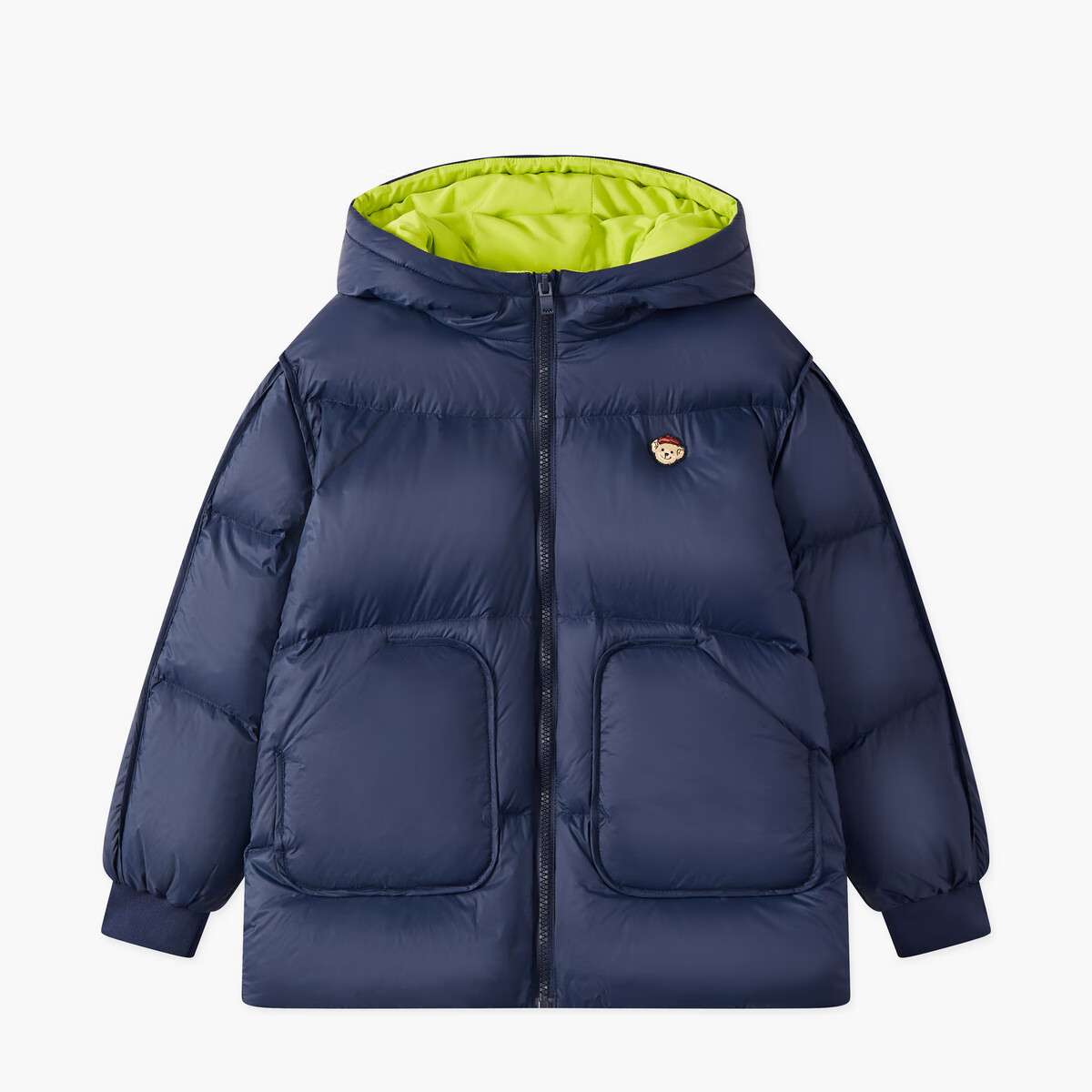 马骑顿男大童冬季新品学院风潮酷休闲保暖连帽羽绒服中长款 藏青 140 充绒量87g