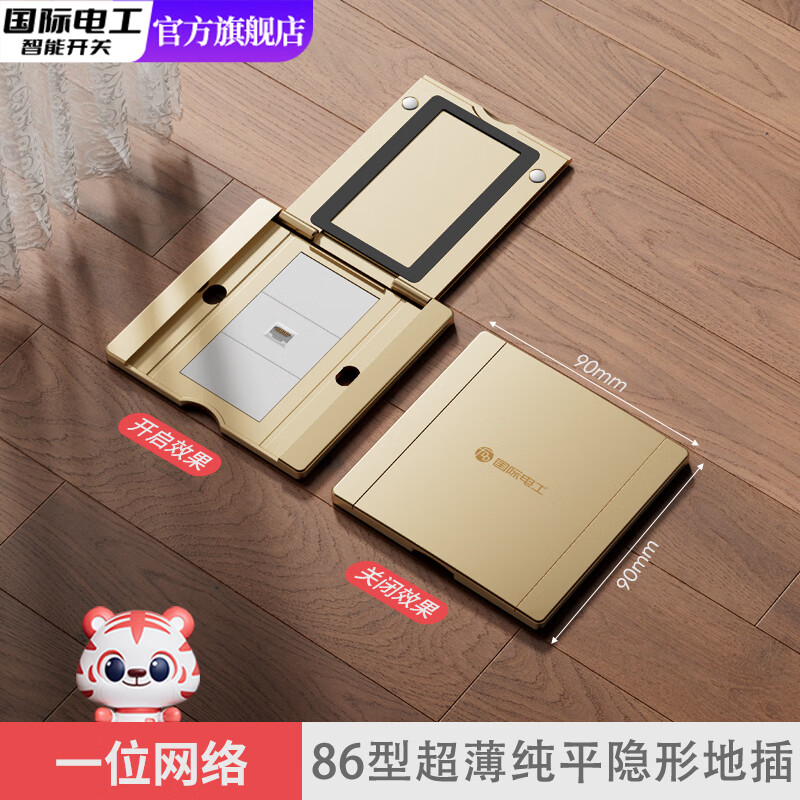 国际电工86型隐形地插五孔二三插网络电脑家用翻盖隐藏式超薄防水地板插座 86型金色-电脑