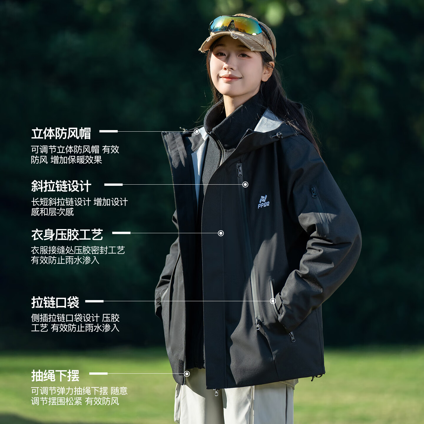PPGE冲锋衣三合一防风防水可拆卸户外徒步登山衣服男女同款运动外套 翅鸢黑 2XL
