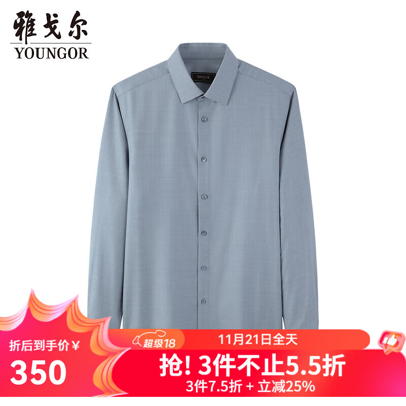 雅戈尔（YOUNGOR）衬衫男士秋冬青年男长袖衬衫羊毛混纺面料可机洗衬衫 浅蓝色素色VLQW119709IBA 40 （175/92A）