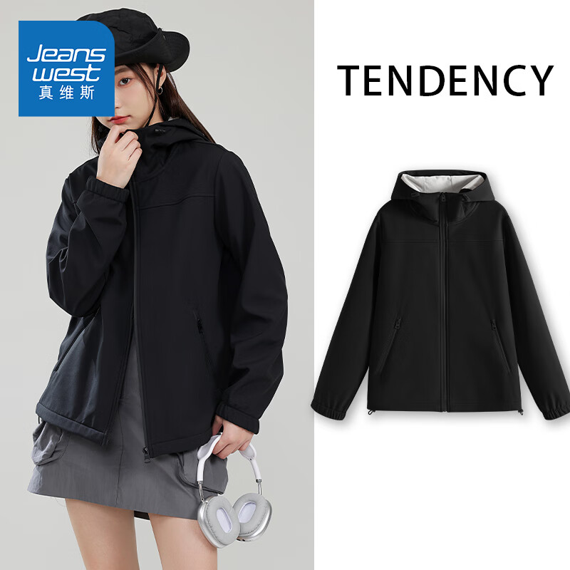 真维斯（Jeanswest）外套女装软壳三防加绒保暖夹克2026秋冬新款潮流户外运动上衣2GX 黑#纯色 XL