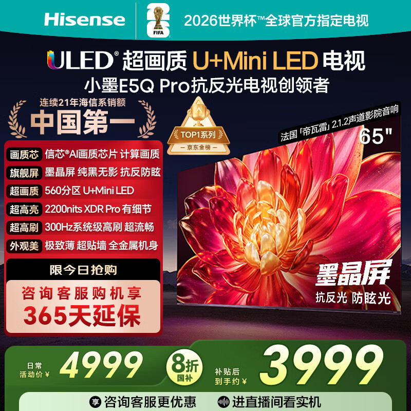 海信电视小墨E5Q Pro65英寸 560分区U+MiniLED 信芯芯片 抗反光防眩光墨晶屏 300Hz 国家补贴65E5Q-PRO